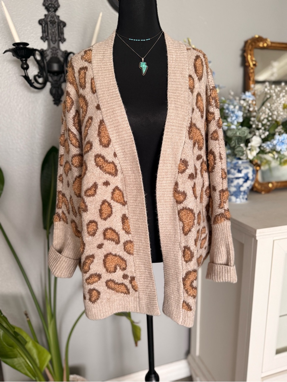 Beige Leopard Print Open Cardigan Sweater
